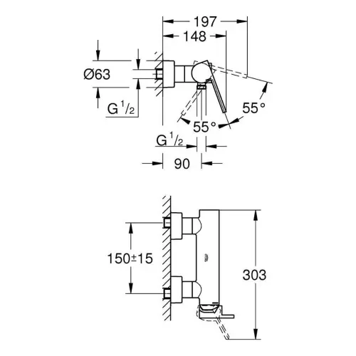Grohe Plus za tuš kadu 33577003 - tehnički crtež
