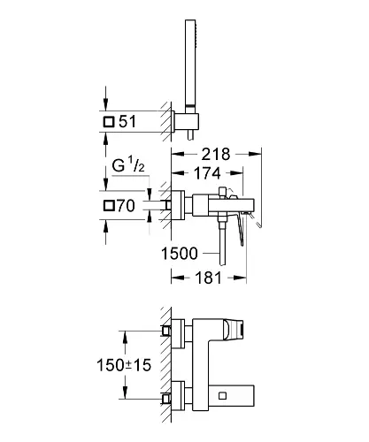 Grohe Eurocube za kadu 23141000 sa tušem I crevom - tehnički crtež