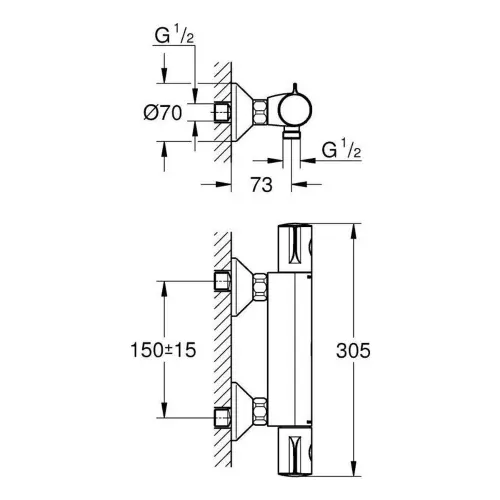 Grohe Grohtherm 800 termostatska za tuš kadu 34558000 - tehnički crtež