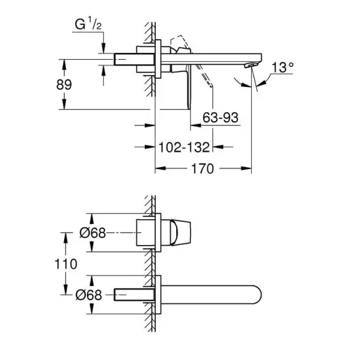 Grohe Eurosmart Cosmopolitan za lavabo ugradna 19381000 - tehnički crtež