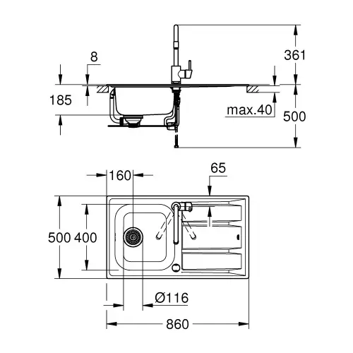 Grohe K400 SET sudopera i slavina Concetto 45 -S 1.0 rev 31570SD0 - tehnički crtež
