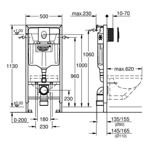 Grohe Rapid SL ugradni vodokotlić set 3 u 1 38721001 - tehnički crtež