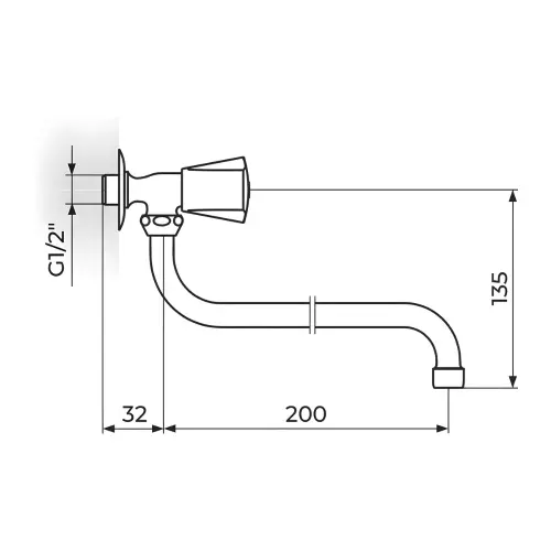 Rosan Keramic Zidni ventil 1/2" g.deo - Donji izliv o18 mm AK52S200 - tehnički crtež
