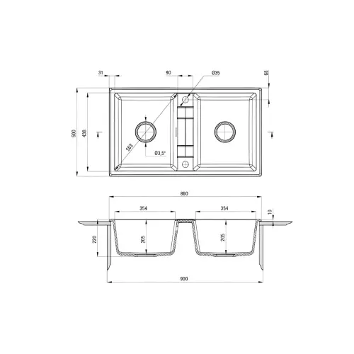 Deante Zorba ZQZ 7203 ugradna Pesak 780x435/180mm - tehnički crtež