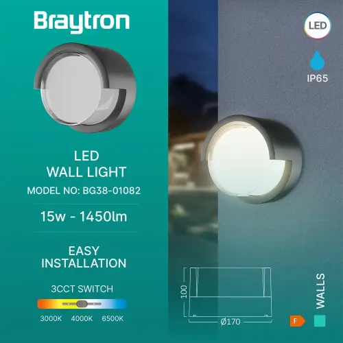 Braytron LED Zidna Svetiljka Okrugla 15W Sivi CCT IP65 BG38-01082