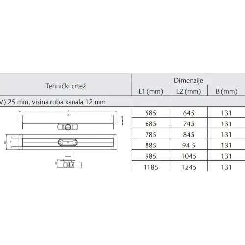 Aco ShowerDrain C tuš kanalica 1185 mm h=74mm 9010.88.27 - tehnički crtež