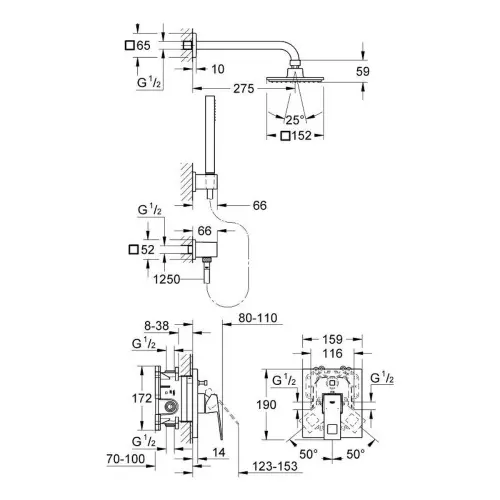 Grohe Eurocube ugradni set za tuš kabinu 23409000 - tehnički crtež