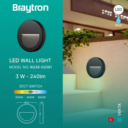 Braytron LED Zidna Svetiljka Okrugla 3W Crna CCT IP65 BG38-02081
