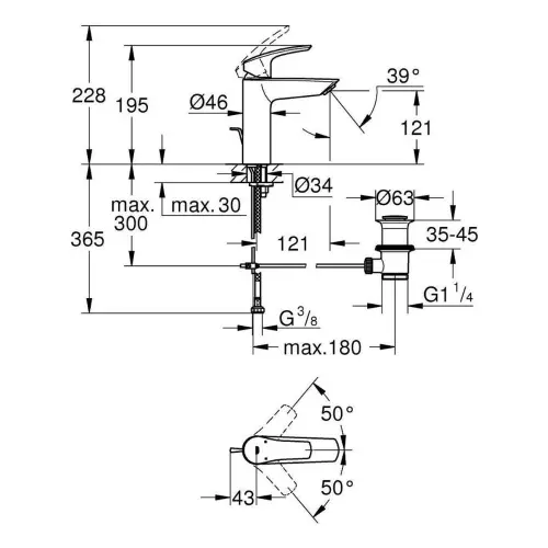 Grohe Eurosmart NEW za lavabo M 23322003 - tehnički crtež