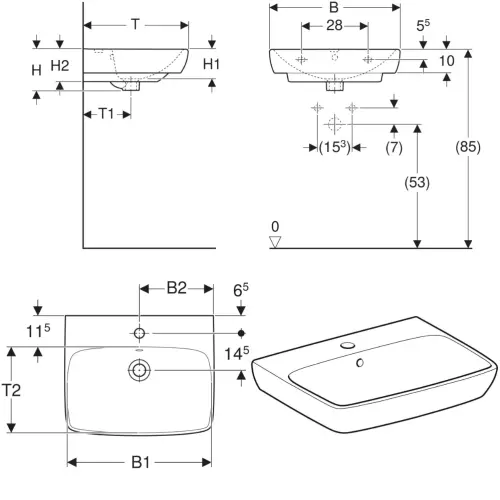 Geberit Lavabo 600x460mm Selnova Square 500.300.01.7 - tehnički crtež