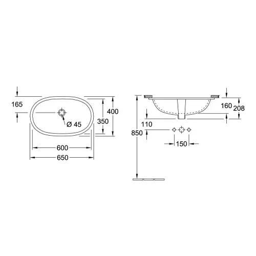 Villeroy & Boch O novo lavabo 600x350 mm podgradni 41626001 - tehnički crtež