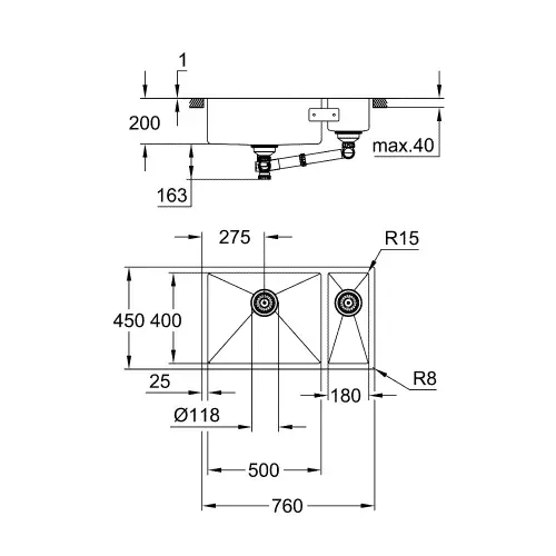 Grohe K700 sudopera 80 -S 76/45 1.5 lh 31575SD1 - tehnički crtež