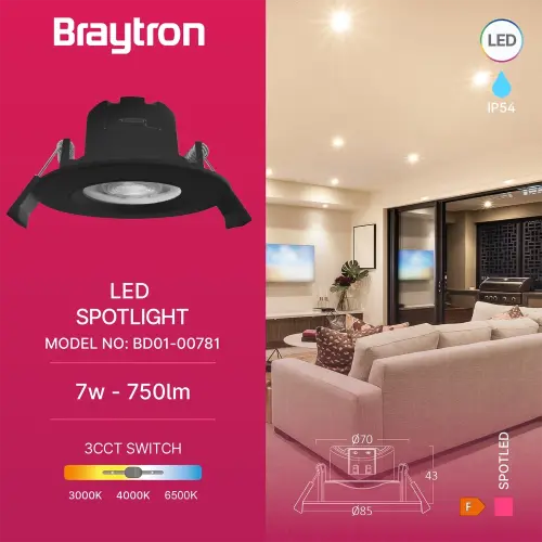Braytron LED Spot Svetiljka Okrugla 7W Crna CCT IP54 BD01-00781