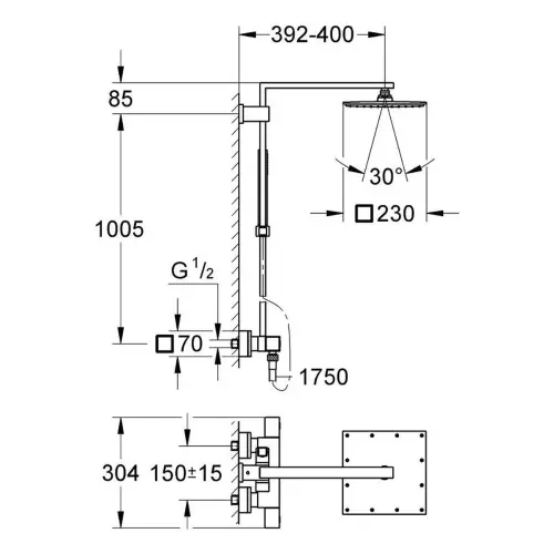 Grohe Euphoria XXL 230 Termostatski Usponski tuš 26087000 - tehnički crtež