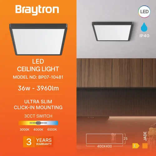 Braytron LED Plafonjera Kvadratni 36W Crni CCT BP07-10481