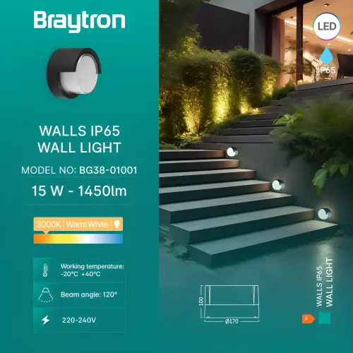 Braytron LED Zidna Svetiljka Okrugla 15W Crni 3000K IP65 BG38-01001