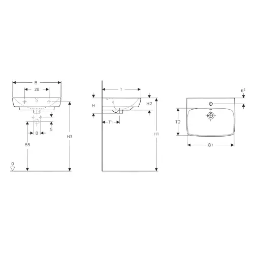 Geberit Selnova Square Umivaonik 50x42cm 500.310.01.7 - tehnički crtež