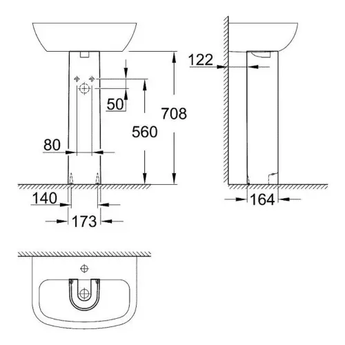 Grohe Bau Ceramic stub 39425000 - tehnički crtež