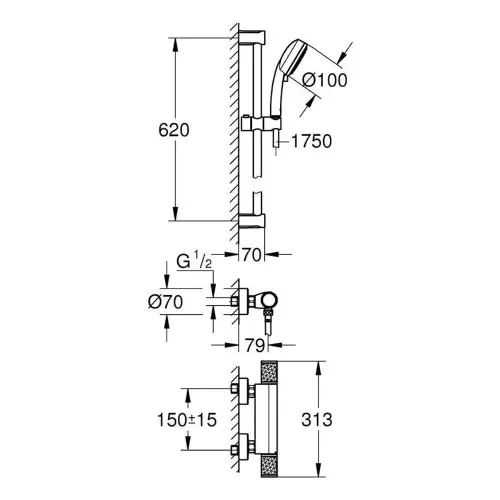 Grohe Grontherm 1000 termostatska za tuš sa kliznom šipkom, crevom i tuš ručicom 34783000 - tehnički crtež