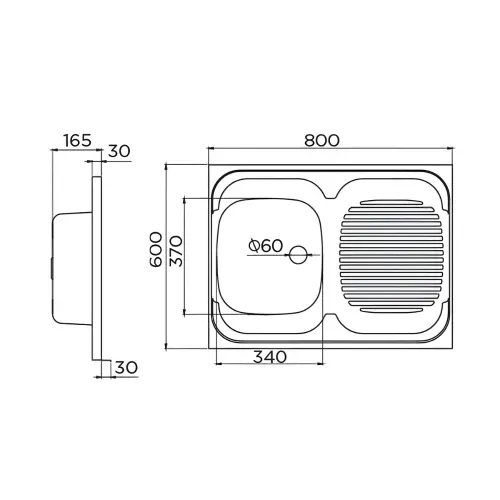 Metalac STANDARD 1D Inox sudopera-leva fi 60 800 x 600 058776 - tehnički crtež