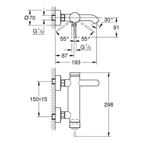 Grohe Essence za kadu 25250001 - tehnički crtež