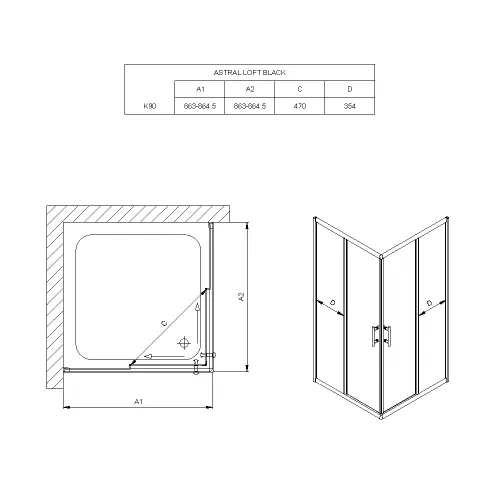 Astral Loft K90 Black SDB-16 6mm tuš kabina