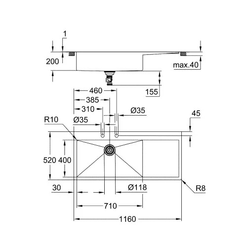 Grohe K1000 sudopera 80 -S 116/52 1.0 lh 31581SD1 - tehnički crtež