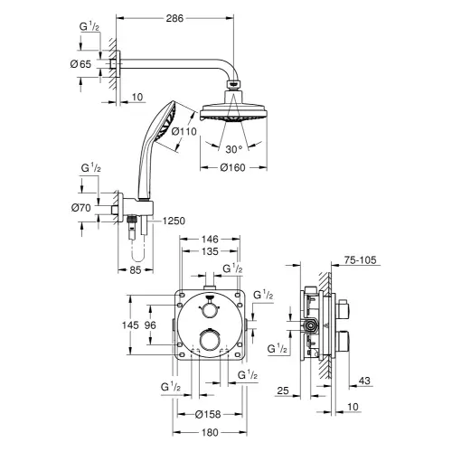 Grohe Grohtherm ugradni set SA RSH COSMO 160 I TUS RUCICOM 34735000 - tehnički crtež