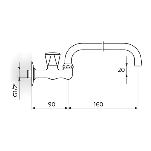 Rosan Zidni ventil 3/8 gornji deo 160mm A51U160 - tehnički crtež