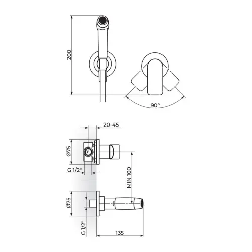 Rosan S2 Black uzidna za bide 239502B - tehnički crtež