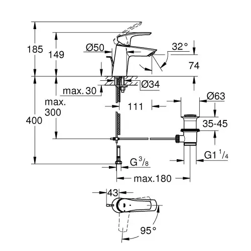 Grohe Eurosmart za umivaonik S SIZE 23969003 - tehnički crtež